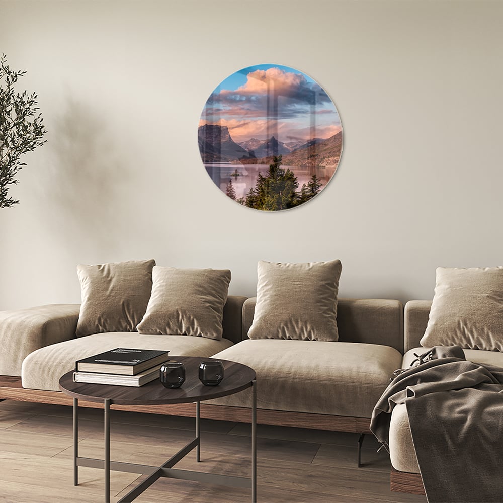 Glasbild mit Bergen bei Sonnenaufgang
