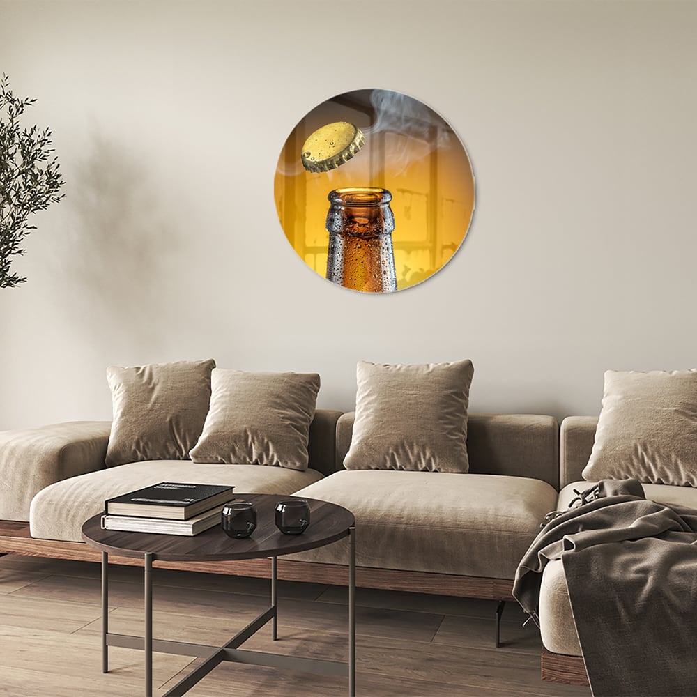 Glasbild mit aufsteigender Flasche und Verschluss