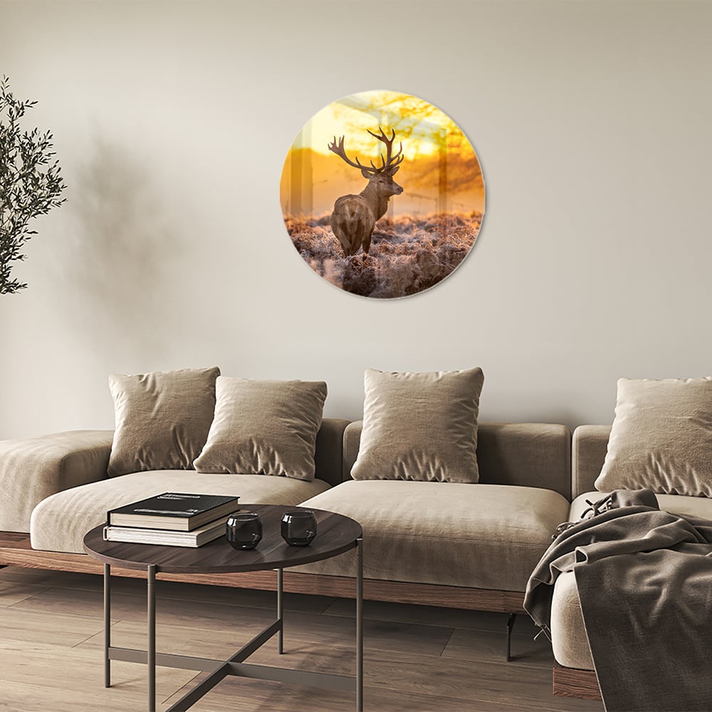 Glasbild mit einem Hirsch in der aufgehenden Sonne