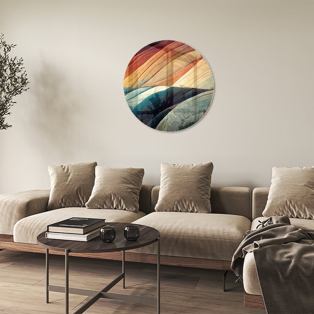 Abstraktes Glasbild mit farbenfrohen Wellen