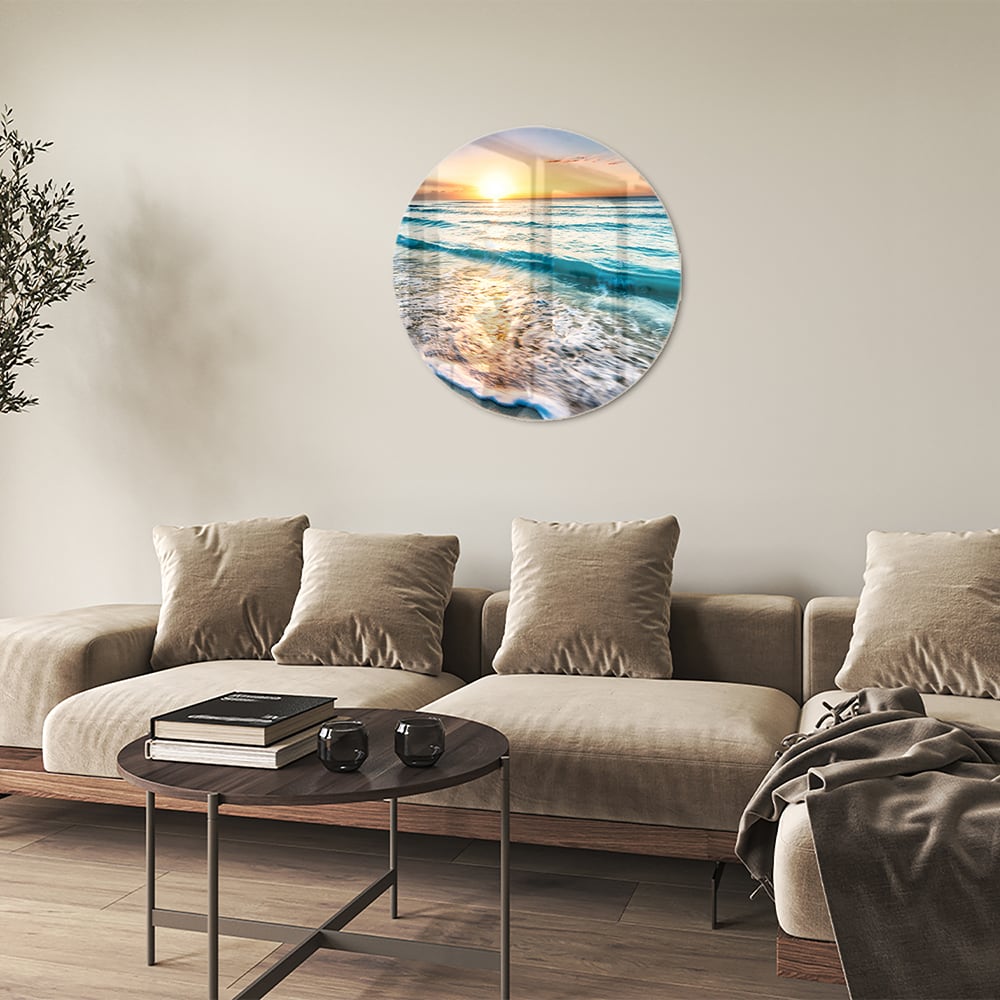 Wunderschönes Glasbild mit einem Sonnenuntergang am See