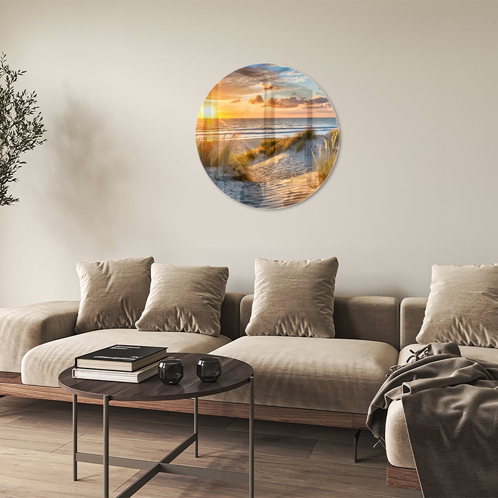 Glasbild – Sonnenuntergang am Strand