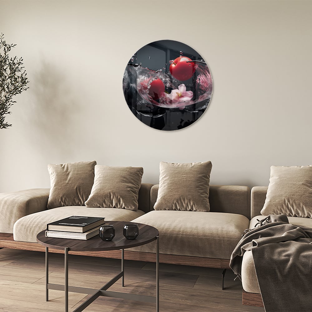 Glasbild mit rosa Blumen und Wassertropfen