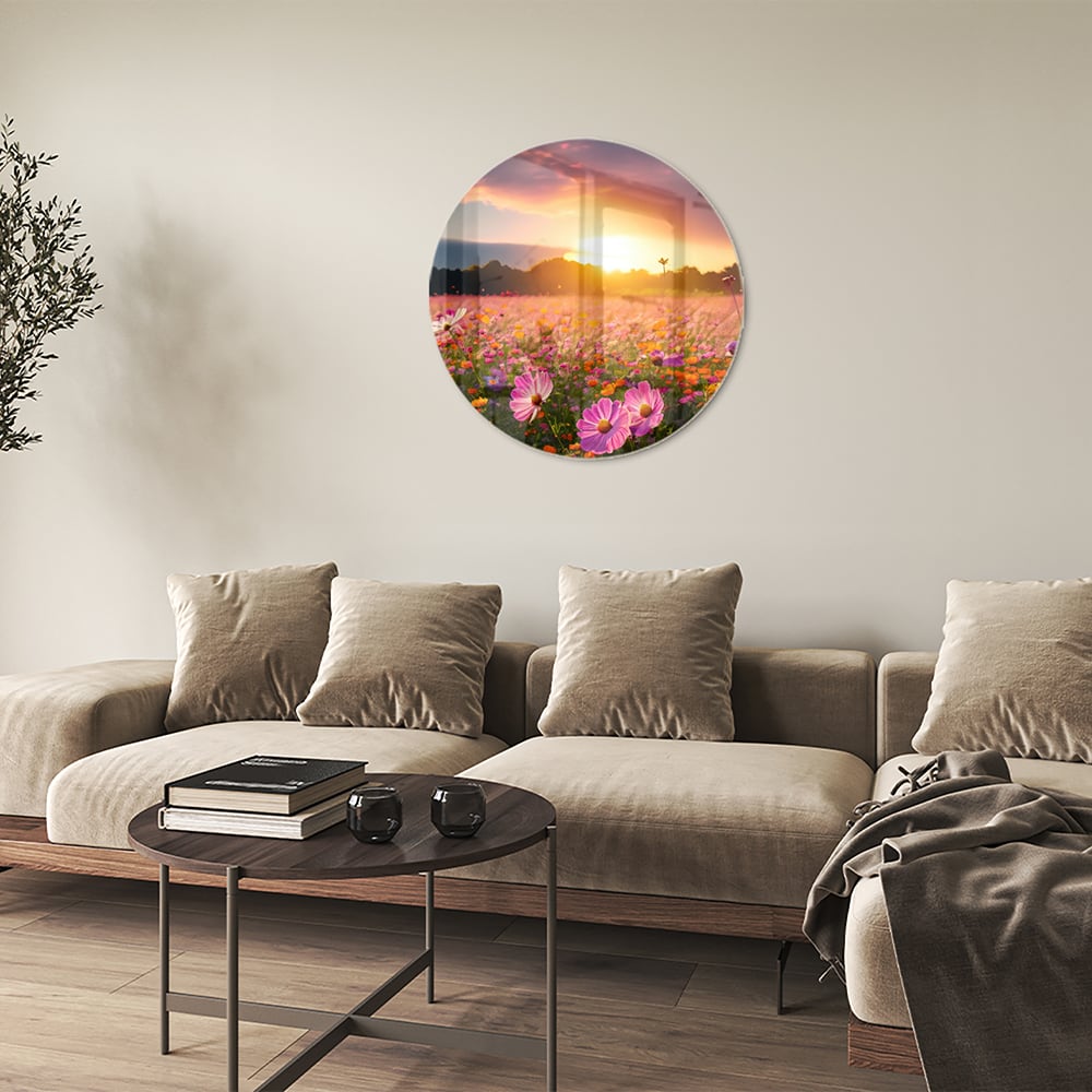 Glasbild – Sonnenuntergang über Blumenfeld