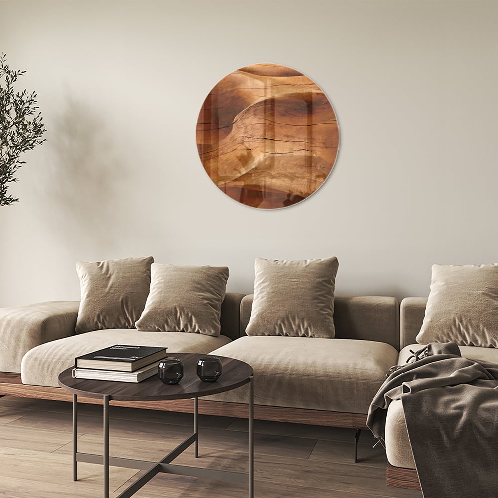 Abstraktes Glasbild mit warmen Holztönen