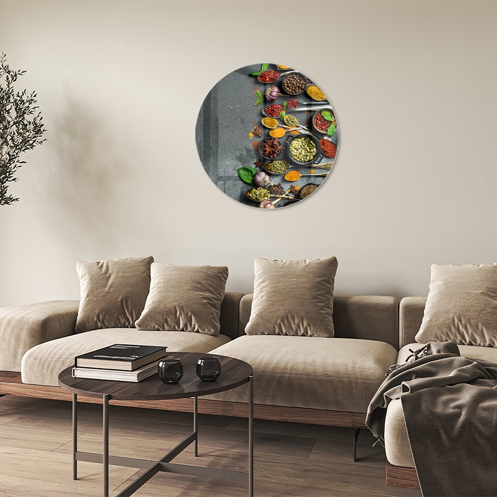 Farbenfrohes Glasbild mit Kräutern und Gewürzen