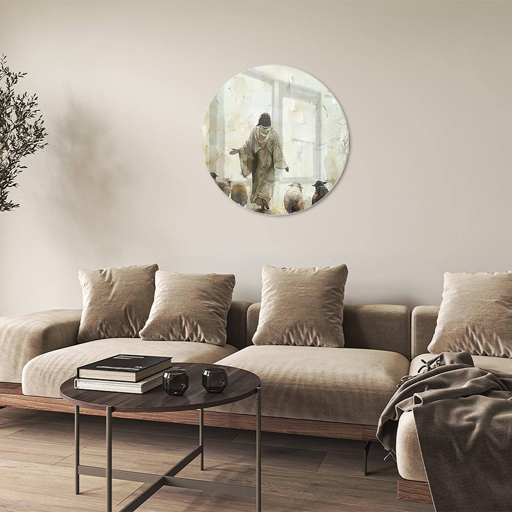 Glasbild mit spirituellem Wegweiser und Schafen