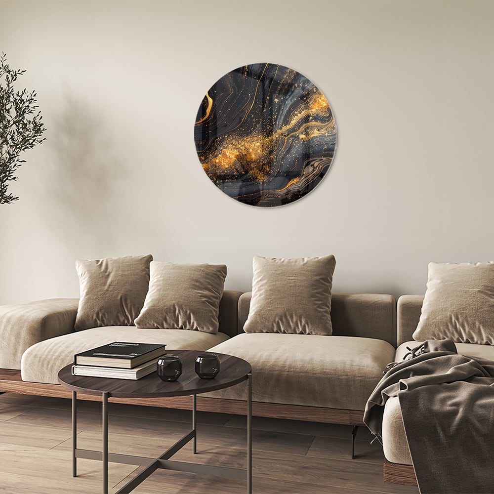 Glasbild mit goldener und schwarzer Marmoroptik