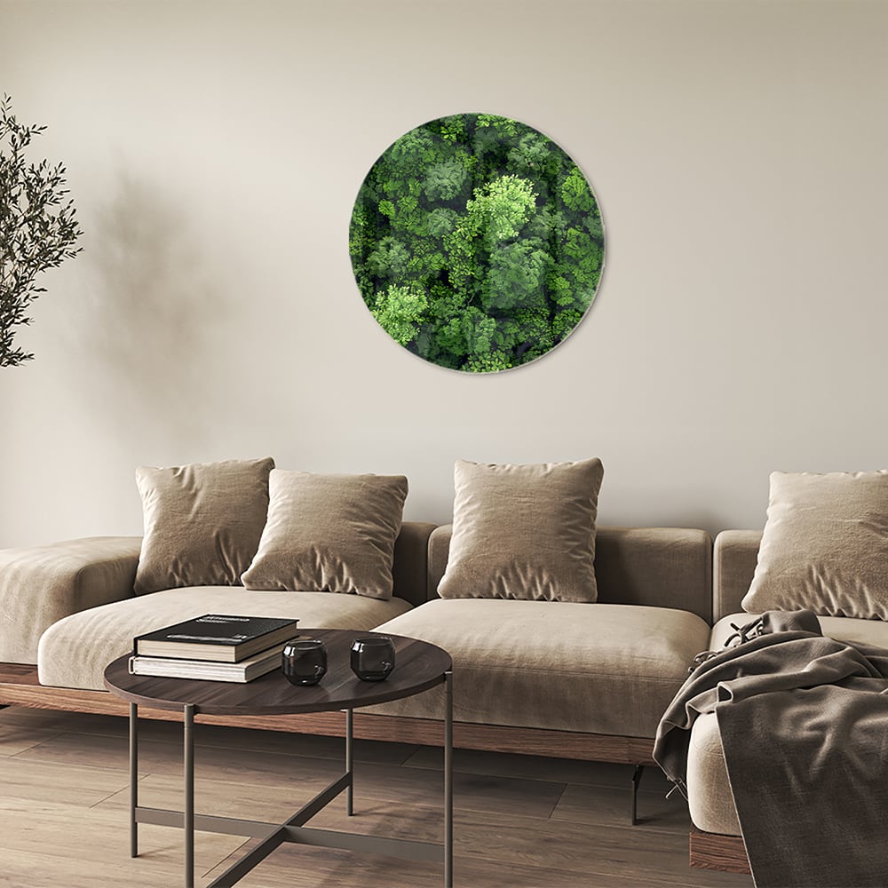 Glasbild mit Himmelsmotiv und üppigem grünen Wald