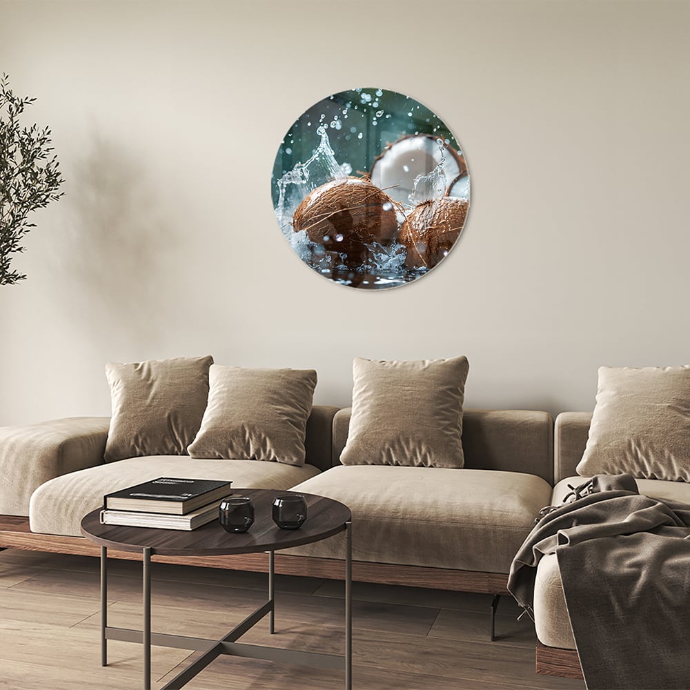 Glasbild Kokosnuss-Trio mit Wasserstrahlen
