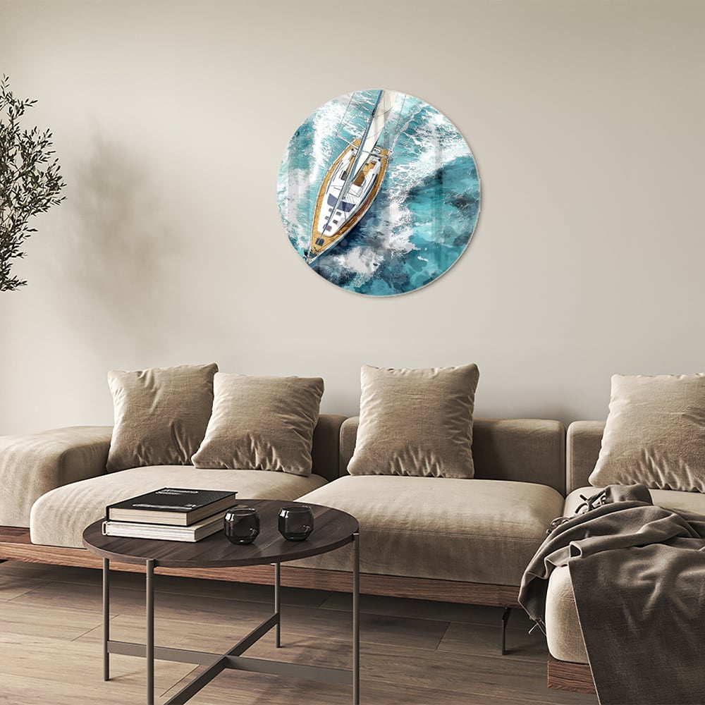 Wunderschönes Glasbild mit einer Yacht auf dem See
