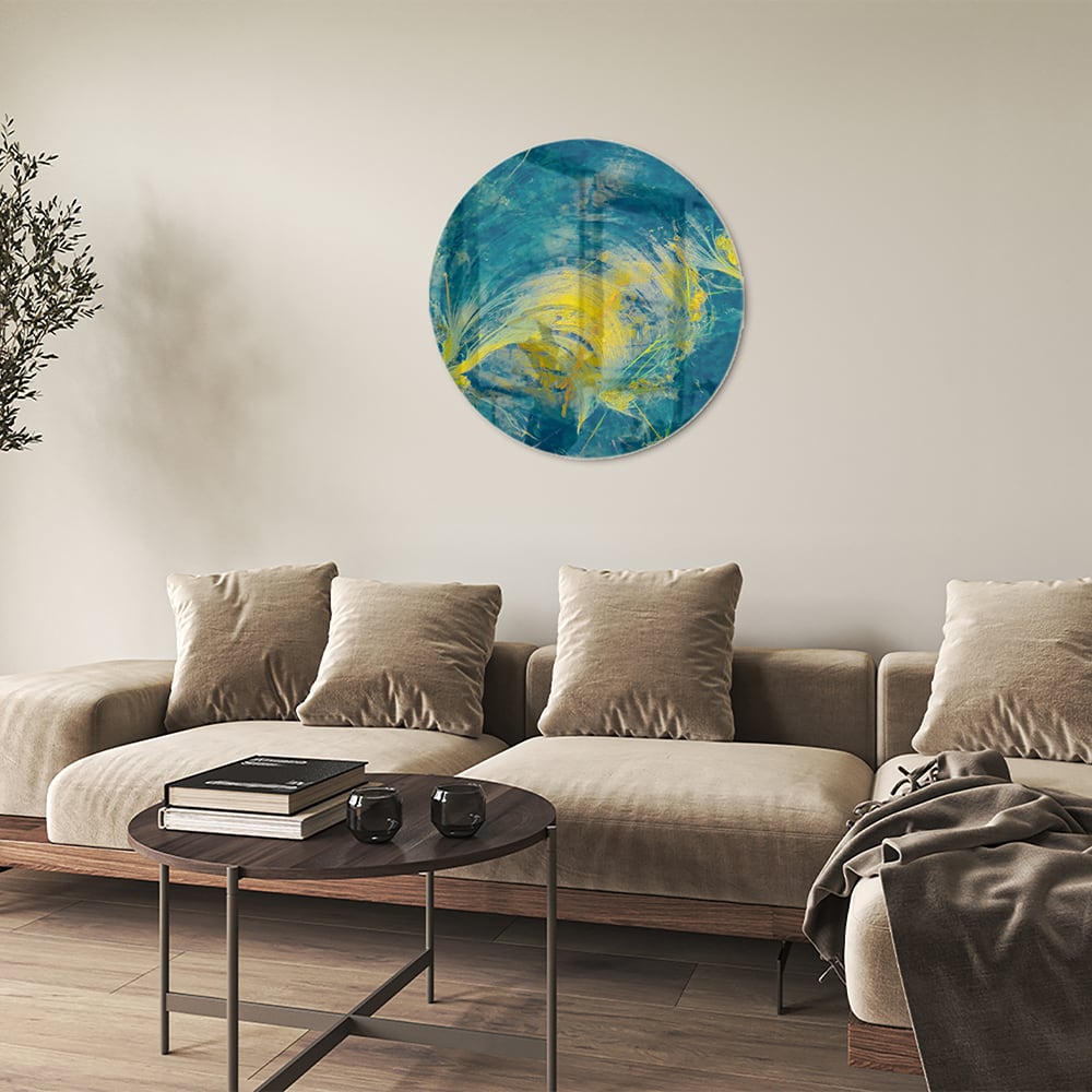 Farbenfrohes Glasbild mit abstraktem blau-gelbem Muster