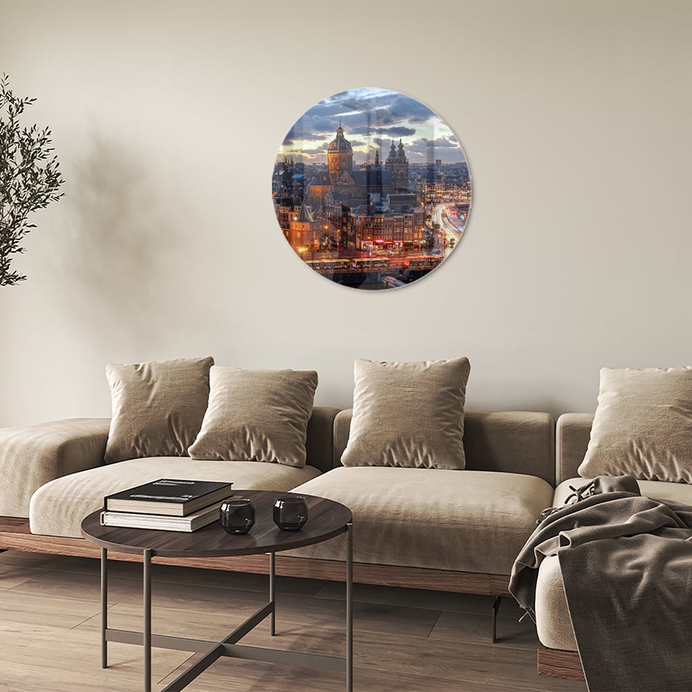 Stimmungsvolles Glasbild mit urbaner Landschaft
