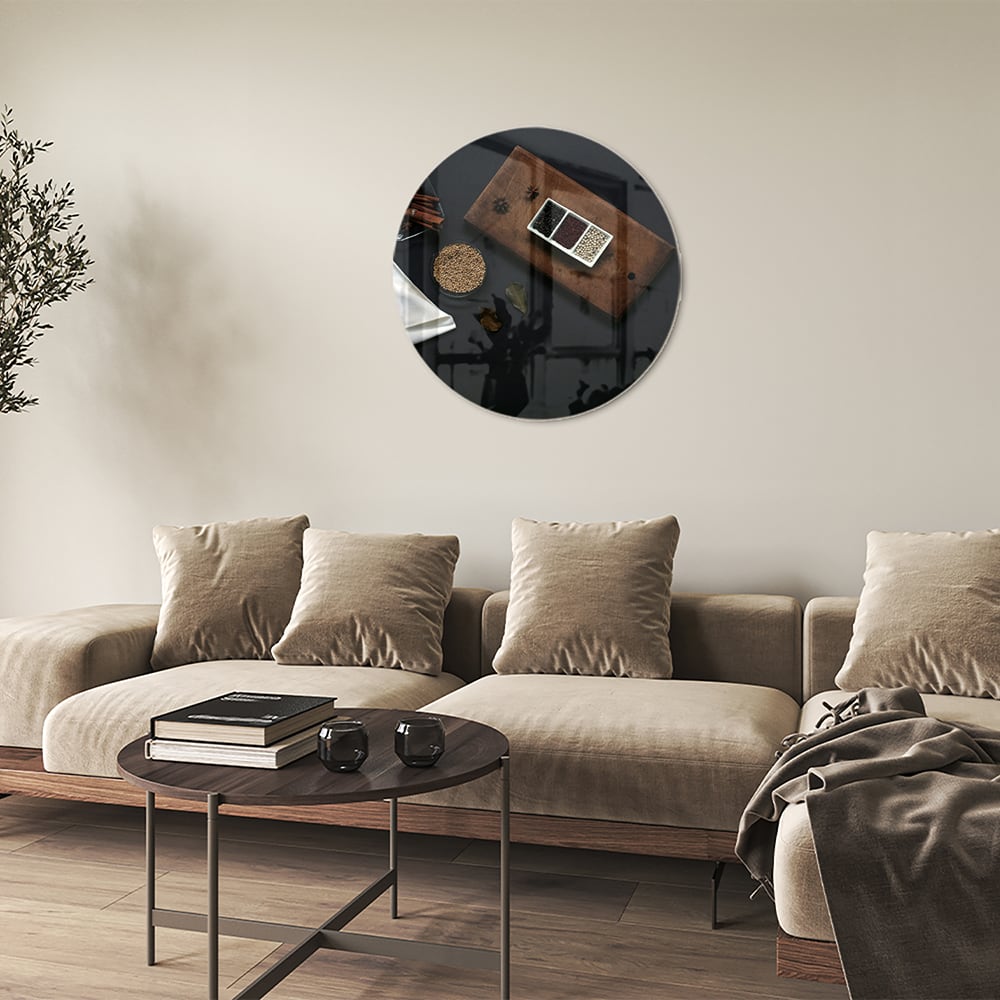 Modernes Glasbild mit Kaffee und Notizen