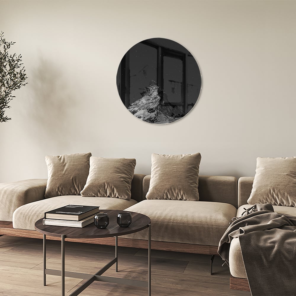 Schwarz-Weiß Glasbild mit Berglandschaft