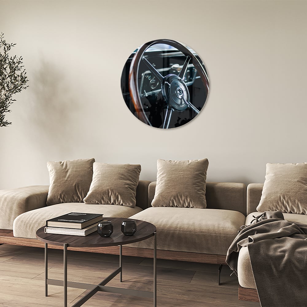 Glasbild Vintage-Glasbild mit klassischem Lenkrad