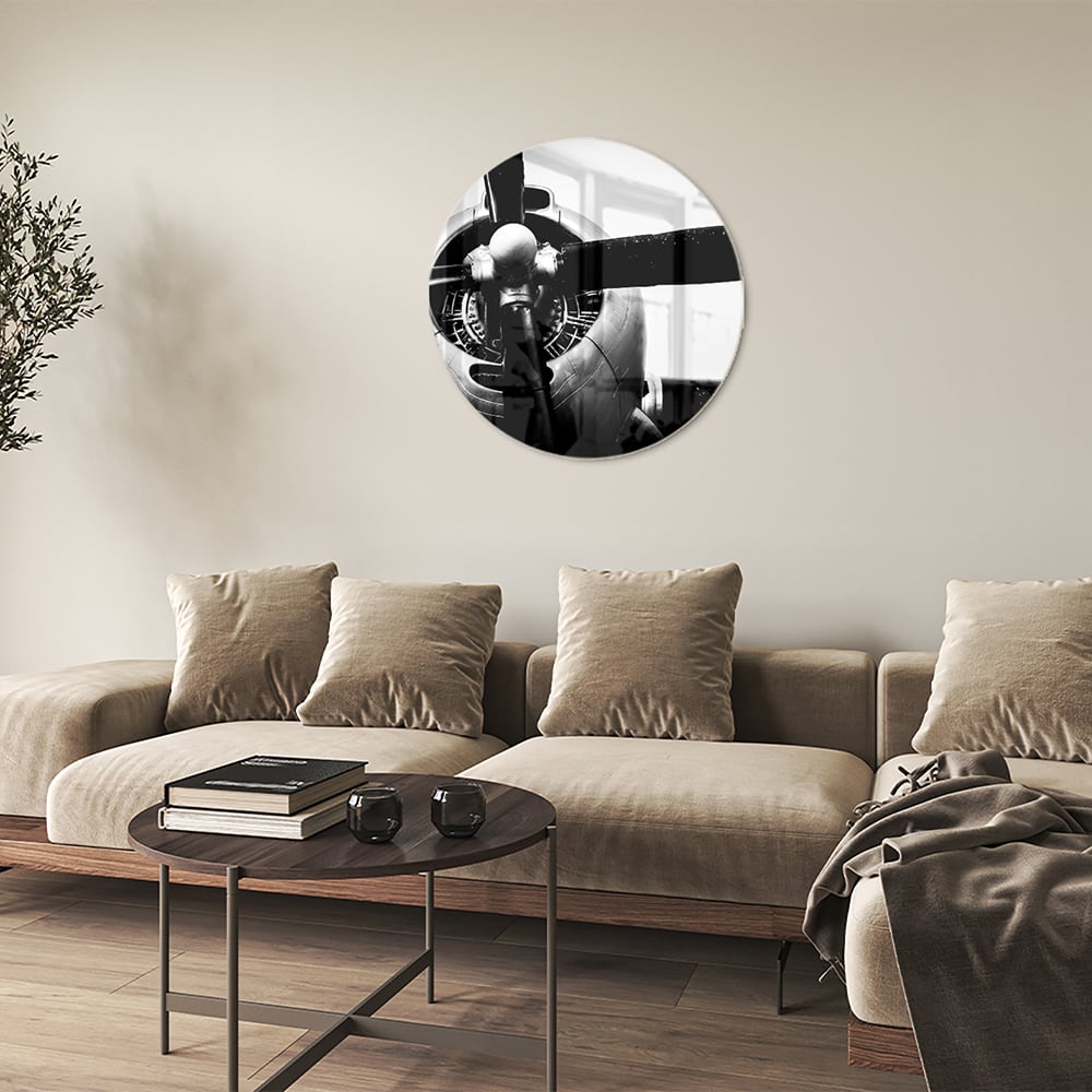 Schwarz-Weiß-Glasbild mit Vintage-Flugzeugpropeller