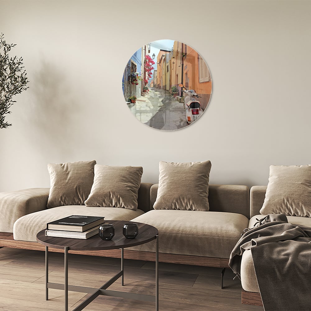 Buntes Glasbild mit Vespa auf einer Straße