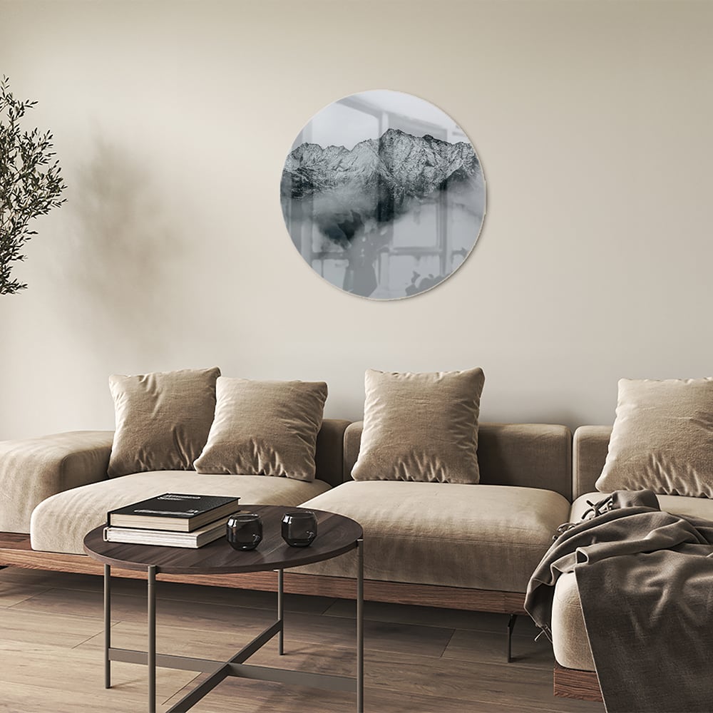 Elegantes Glasbild mit Bergen in Schwarz-Weiß