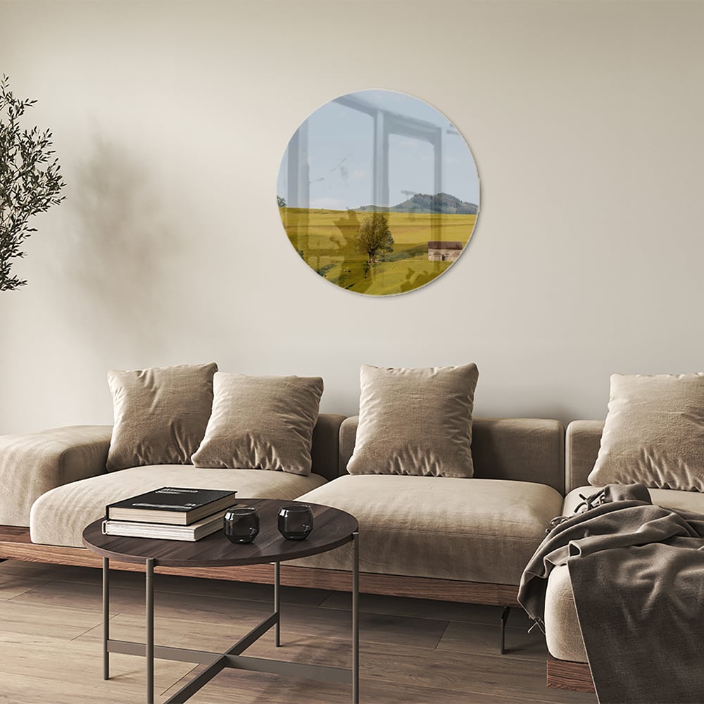 Glasbild mit grünen Hügeln in der Landschaft