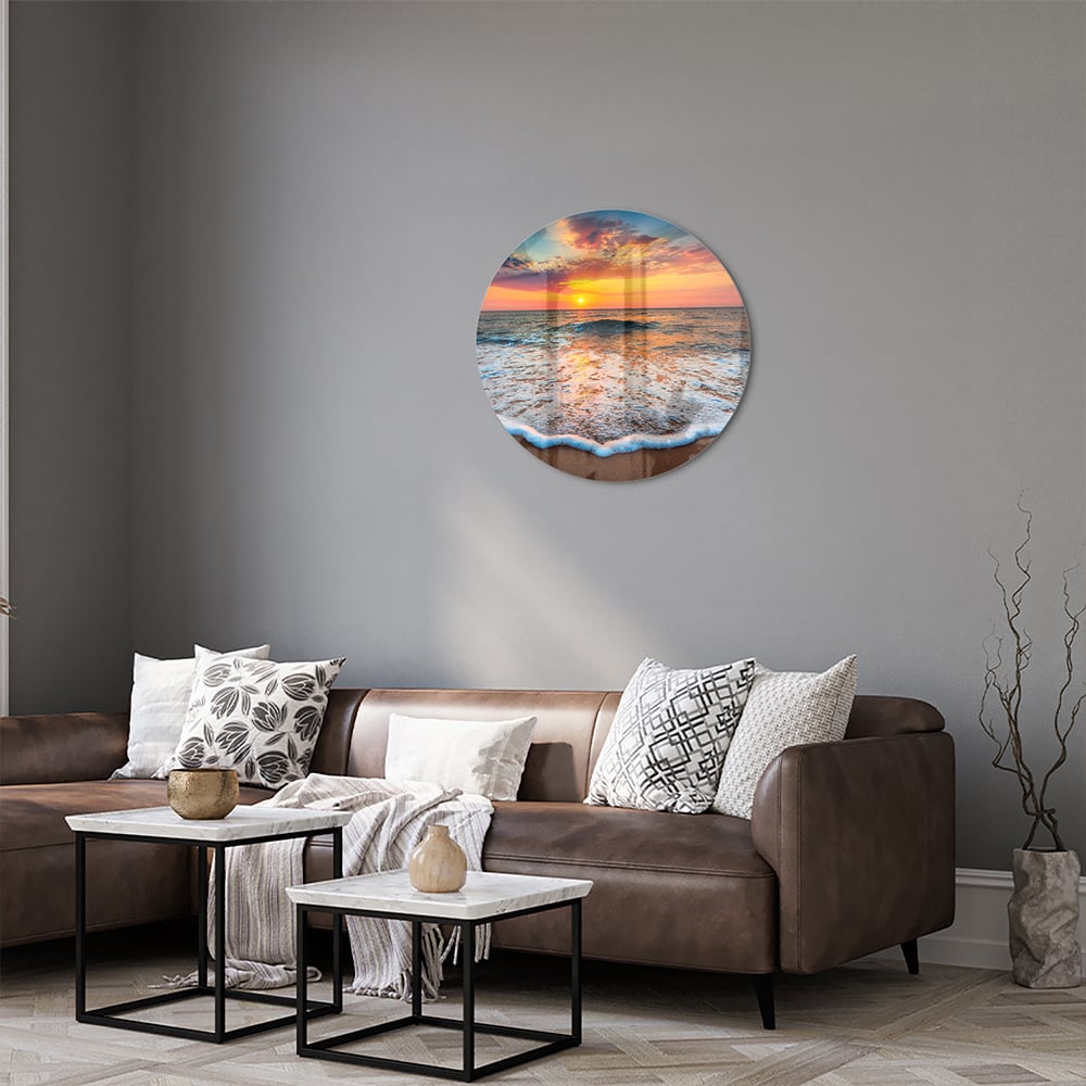 Glasbild – Sonnenuntergang am Strand