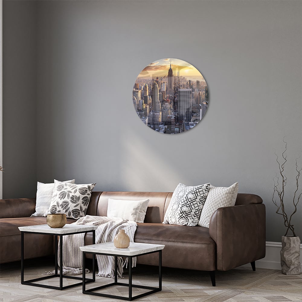 Glasbild mit atemberaubender Aussicht auf New York bei Sonnenuntergang