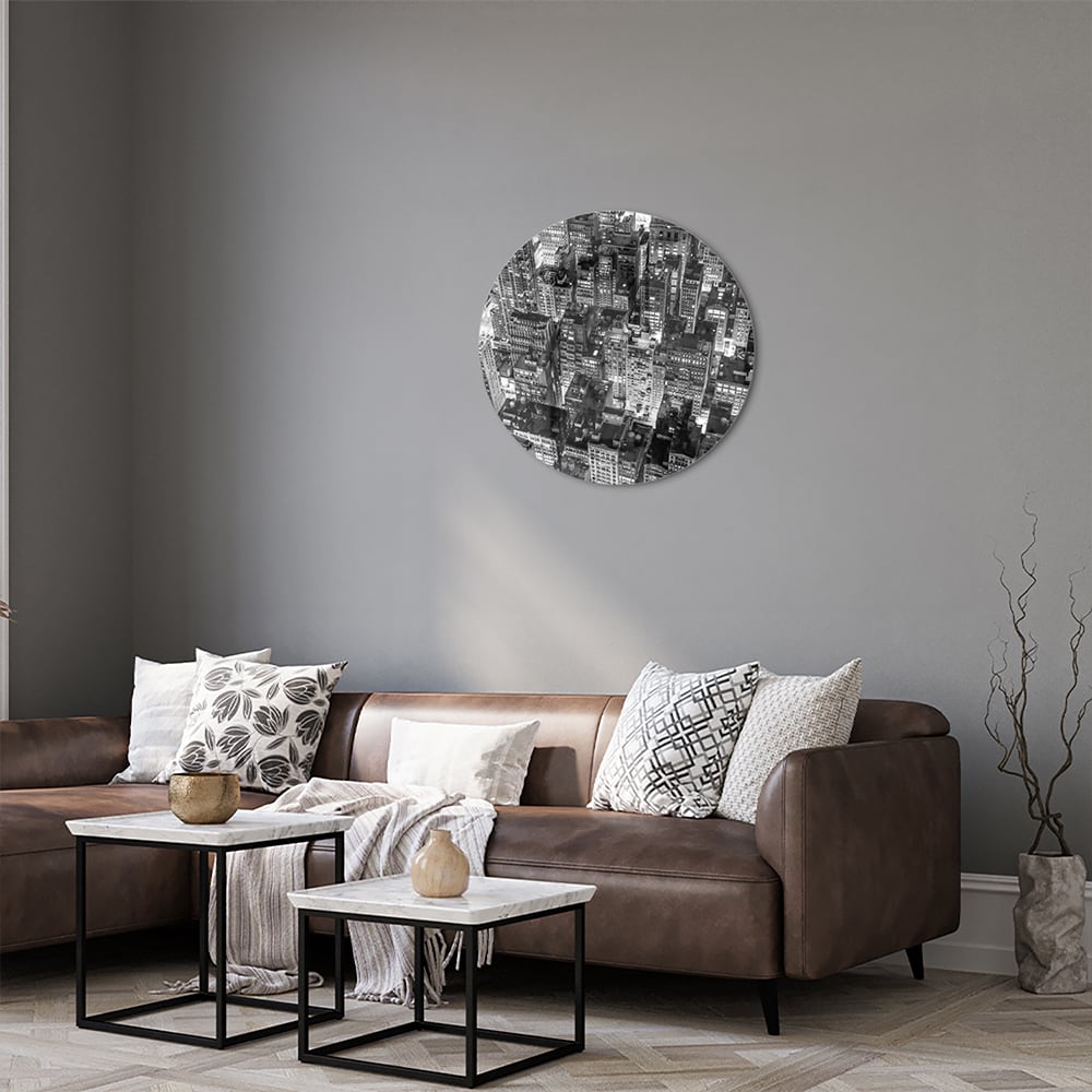 Schwarz-Weiß-Glasbild mit Stadtmotiv für ein modernes Interieur