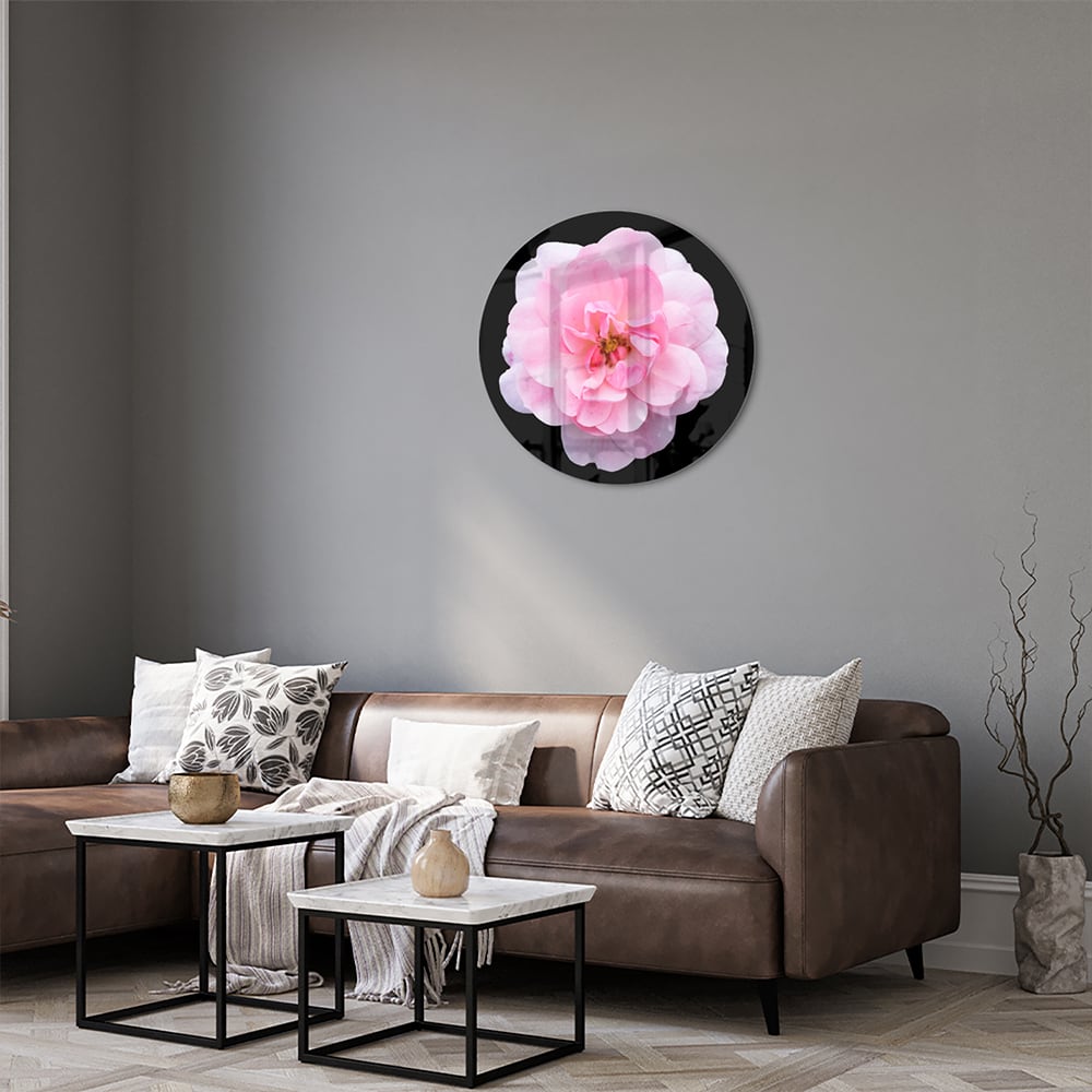 Elegantes Glasbild mit rosa Blume auf schwarzem Hintergrund