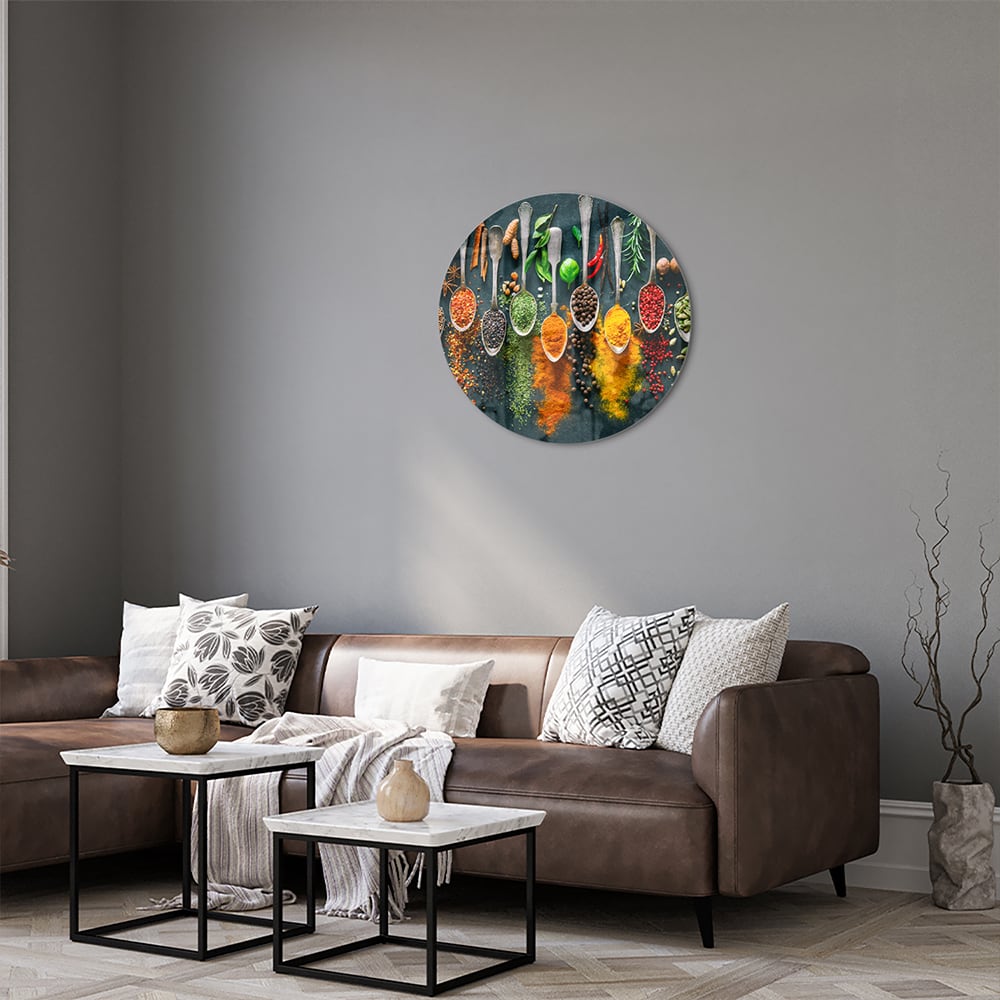 Farbenfrohes Glasbild mit Gewürzen und Kräutern