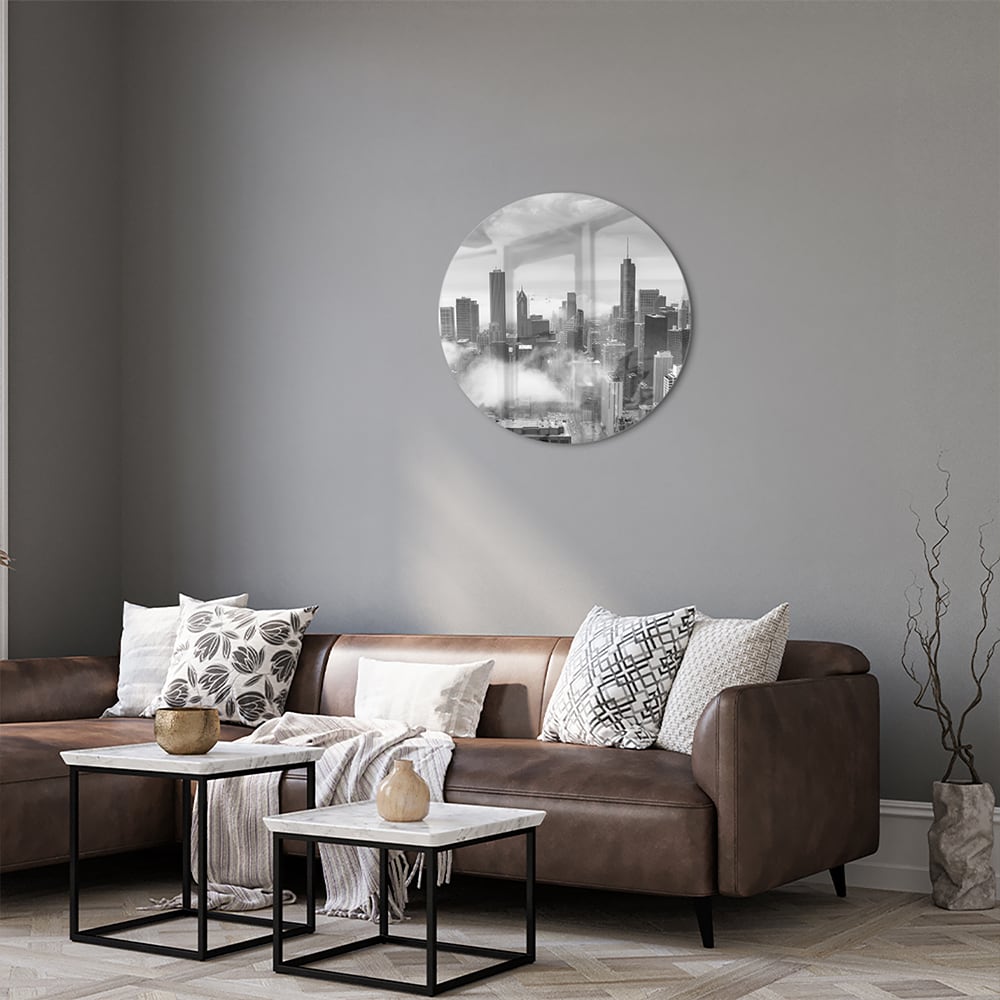 Schwarz-Weiß-Glasbild mit Stadtmotiv