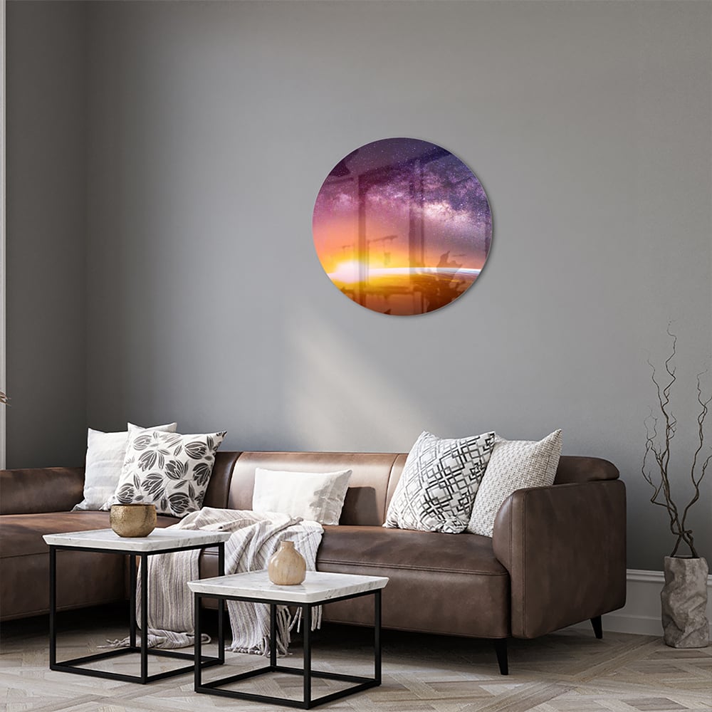 Glasbild mit einem Sternenhimmel bei Sonnenuntergang