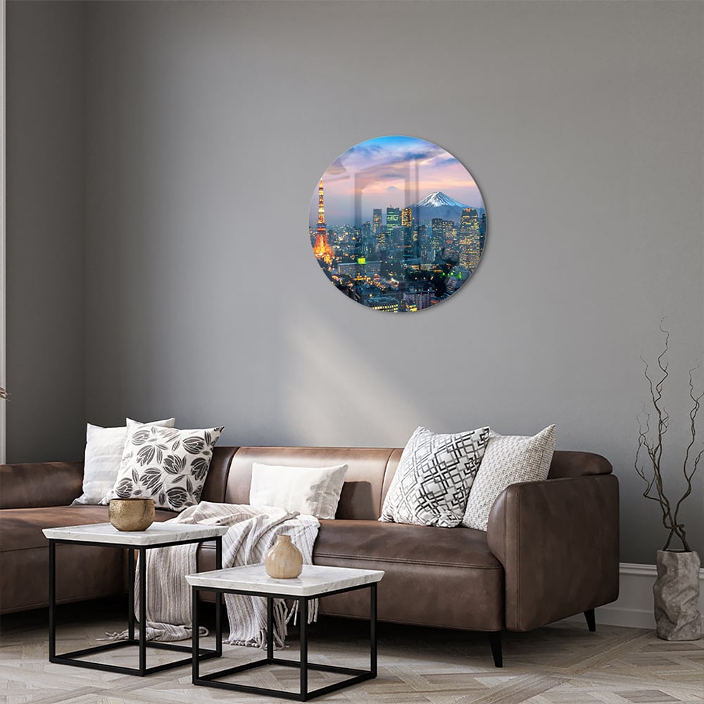 Glasbild mit Stadtpanorama, Fuji und Tokyo Tower