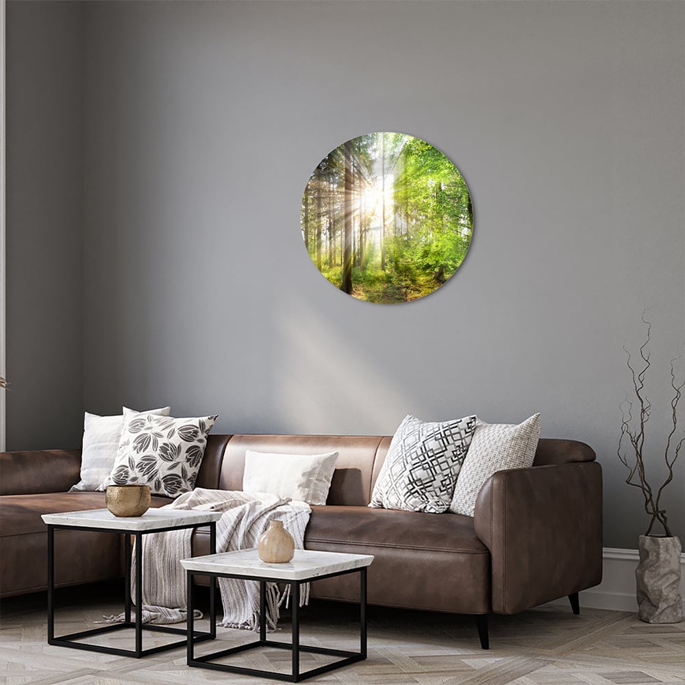Glasbild mit sonnigem Wald für die Wohndekoration