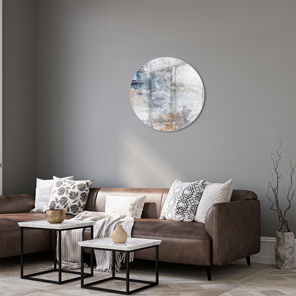 Abstraktes Glasbild mit blauen und neutralen Farbtönen