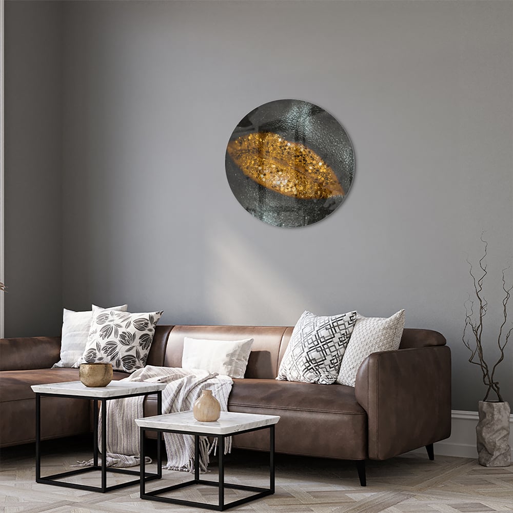 Glasbild mit goldenem Blatt für Ihr Interieur