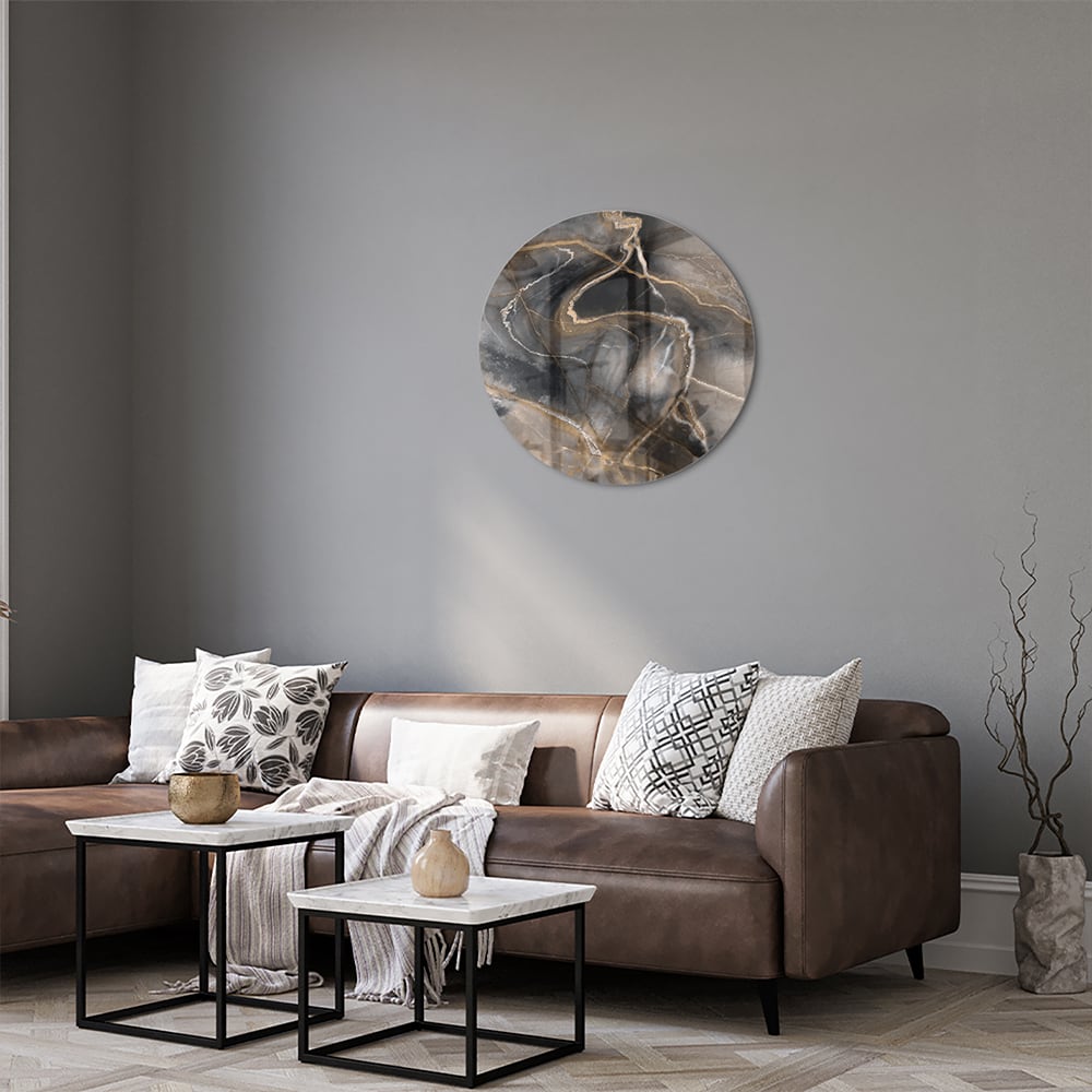 Modernes Glasbild mit abstrakten Linien in Schwarz und Gold