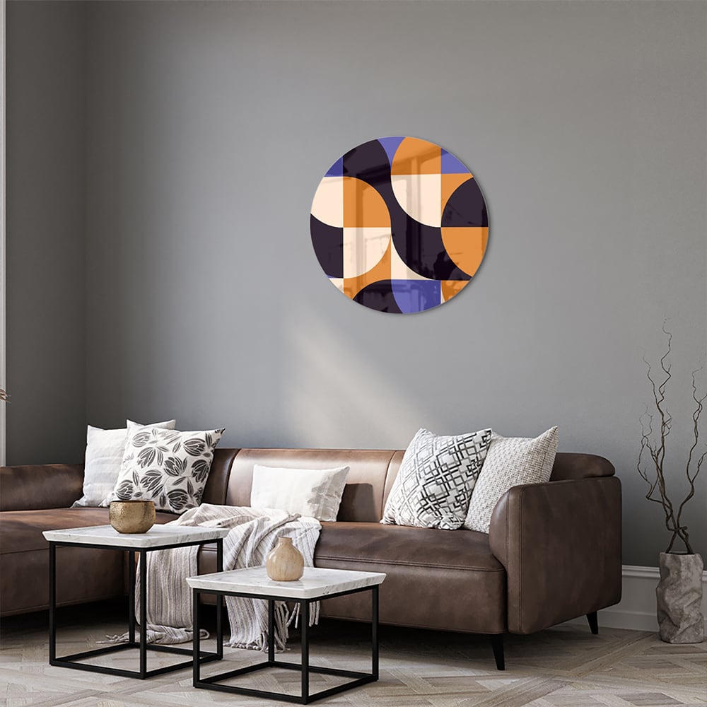 Abstraktes Glasbild in blauen und Orangetönen