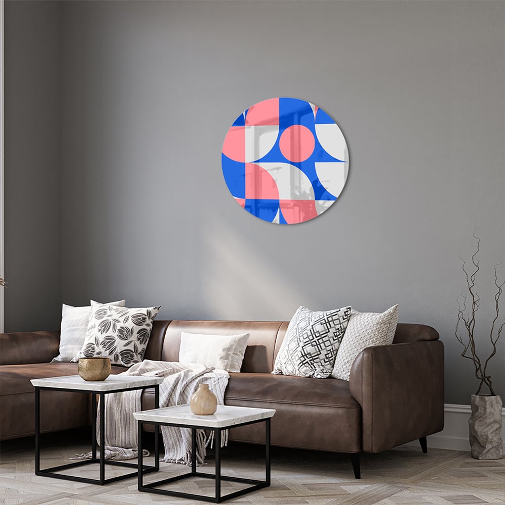 Abstraktes Glasbild mit blauen und rosa Farbtönen