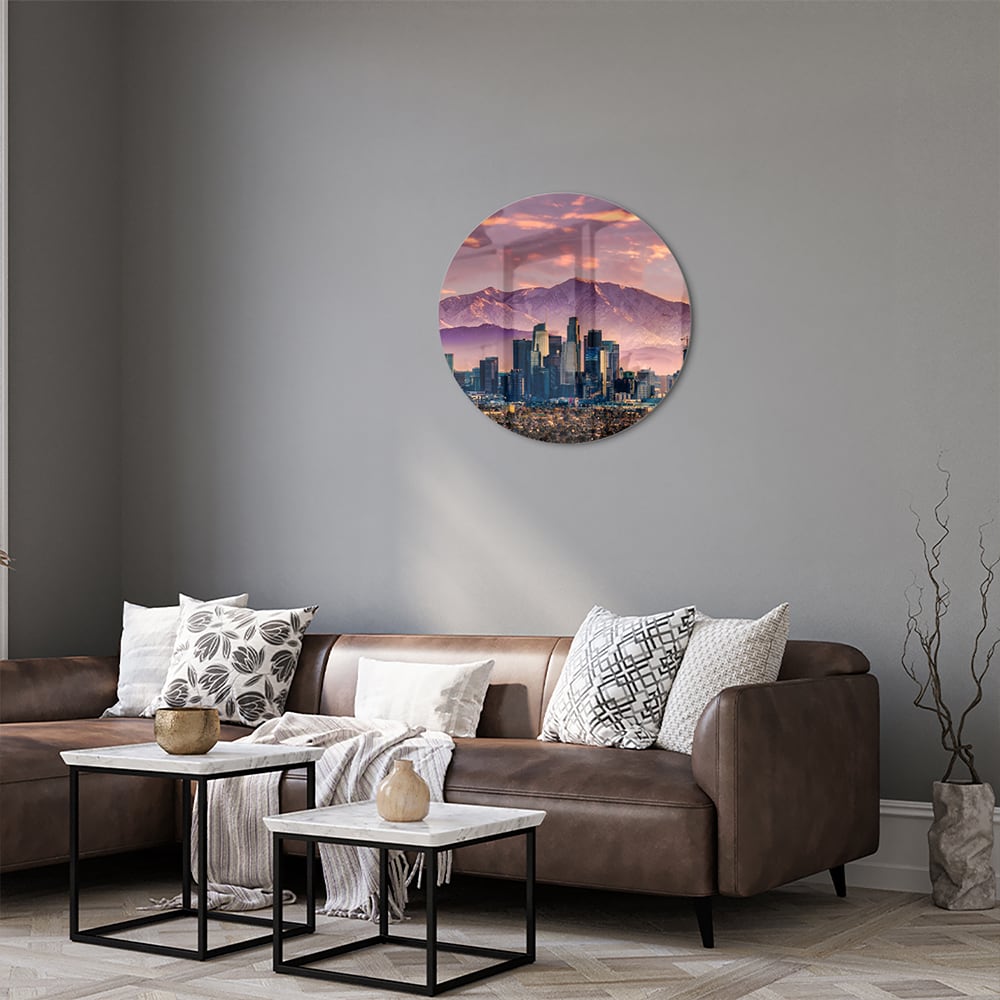Glasbild Stadtpanorama bei Sonnenuntergang