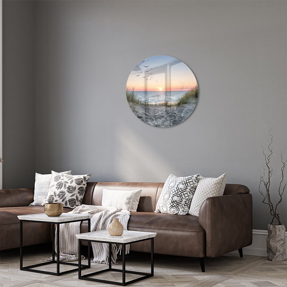 Glasbild mit ruhigem Sonnenuntergang am See