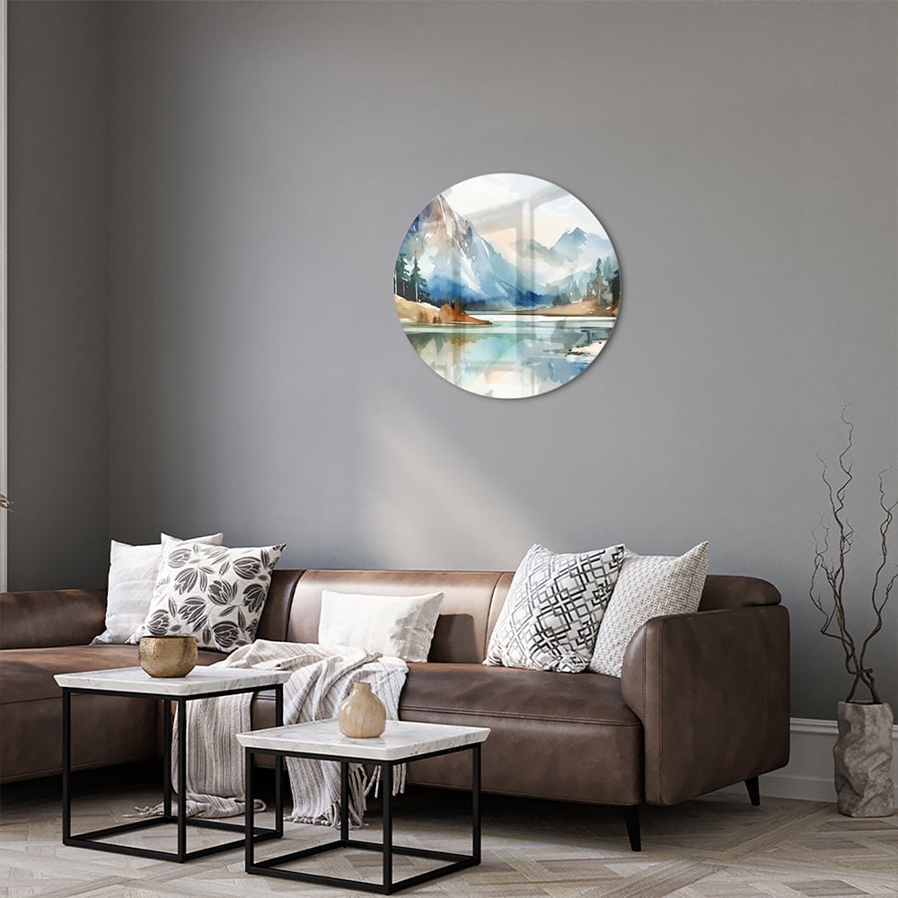 Glasbild mit Bergen und See im Aquarellstil
