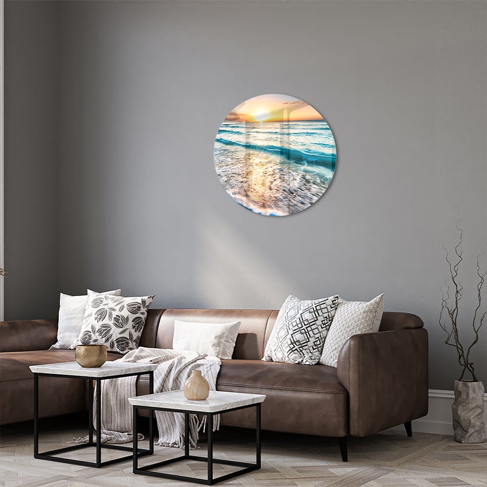 Wunderschönes Glasbild mit einem Sonnenuntergang am See