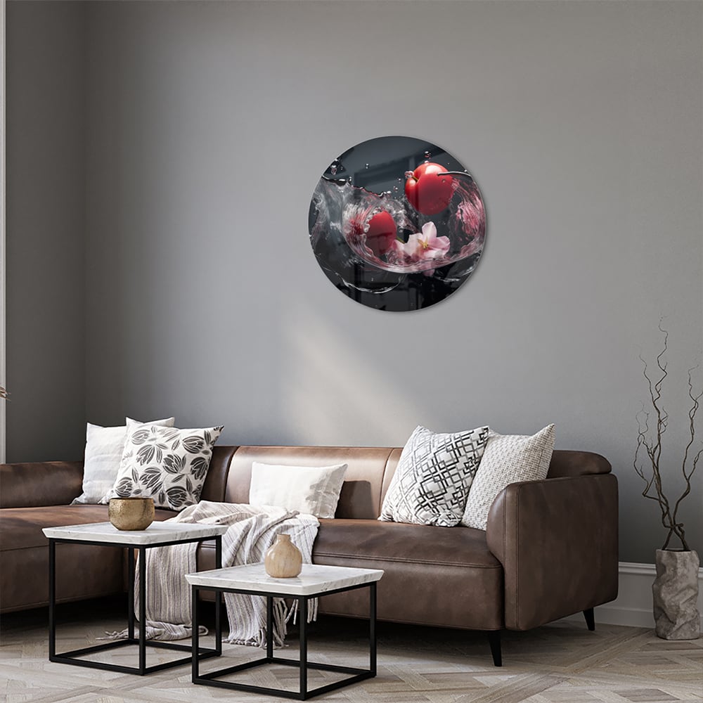 Glasbild mit rosa Blumen und Wassertropfen