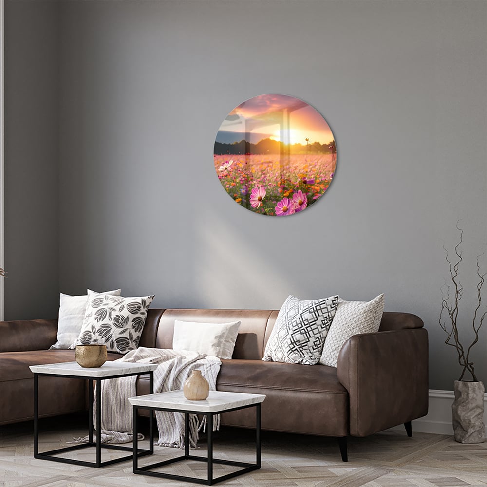 Glasbild – Sonnenuntergang über Blumenfeld
