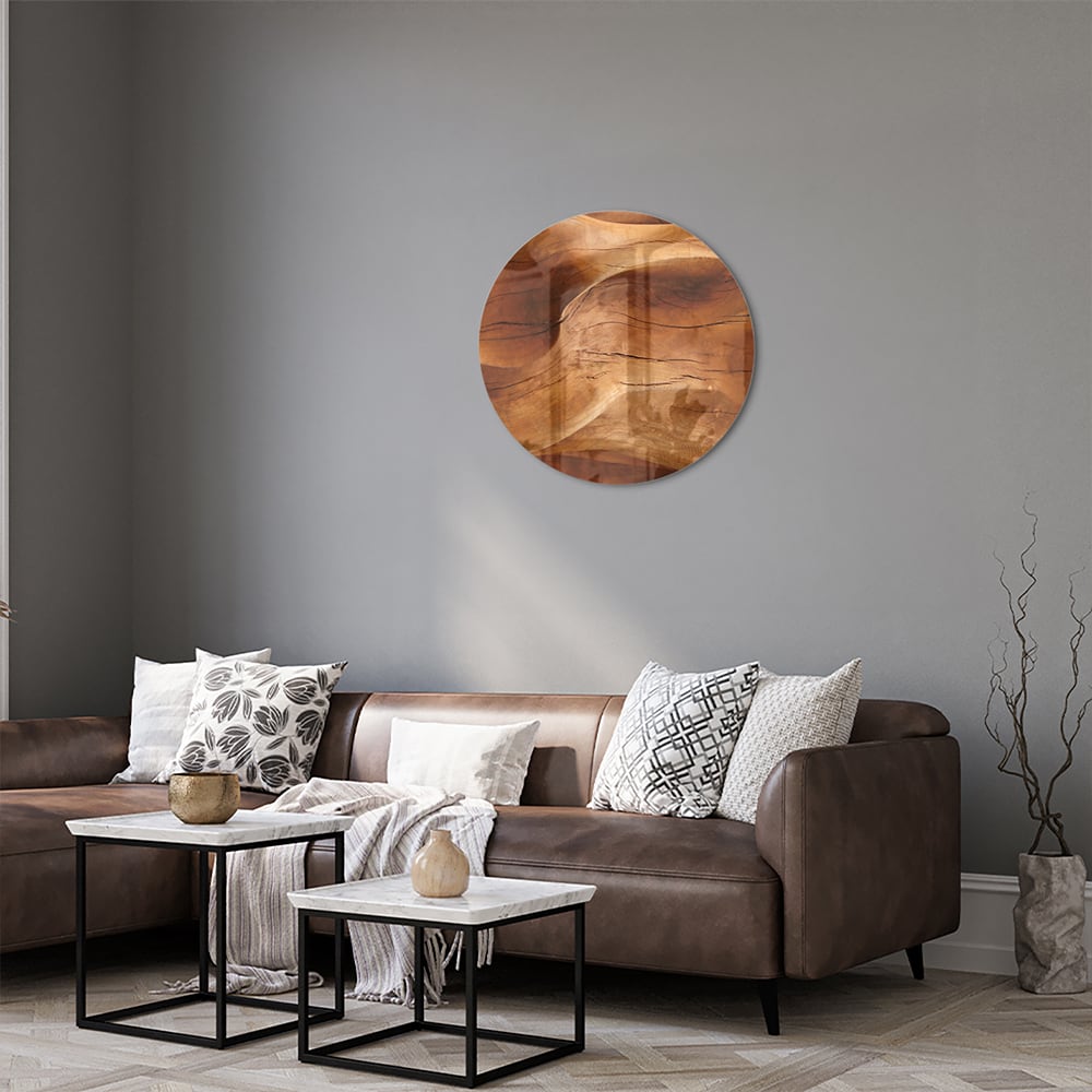 Abstraktes Glasbild mit warmen Holztönen