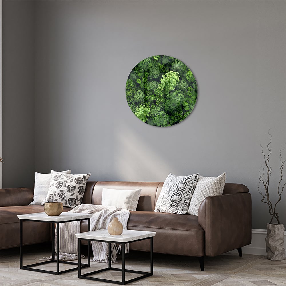 Glasbild mit Himmelsmotiv und üppigem grünen Wald