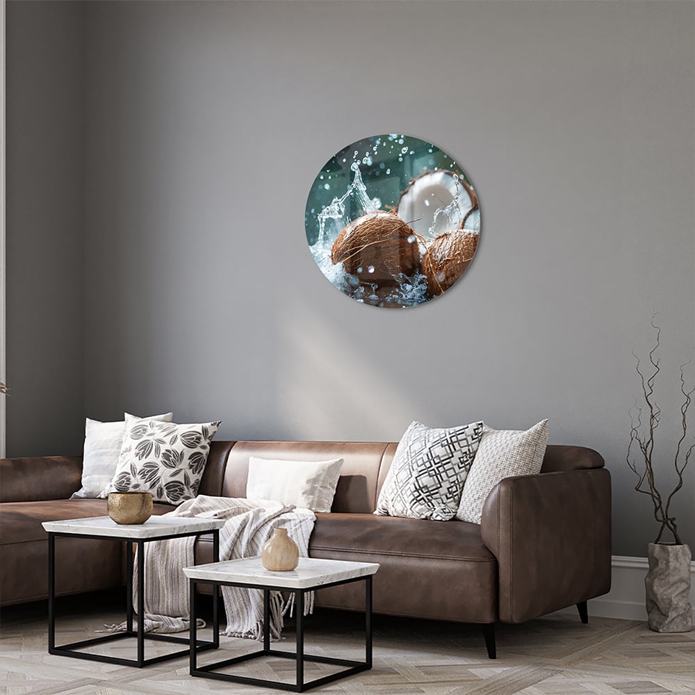 Glasbild Kokosnuss-Trio mit Wasserstrahlen
