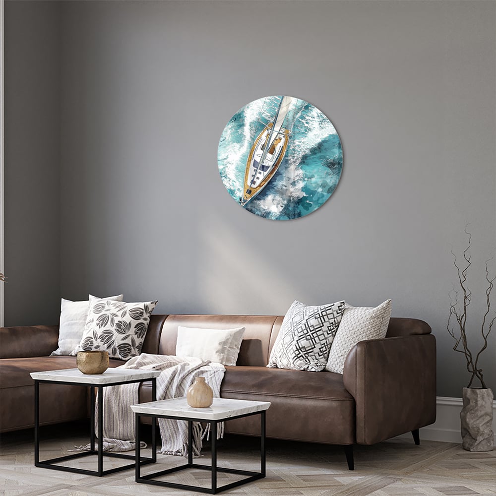 Wunderschönes Glasbild mit einer Yacht auf dem See
