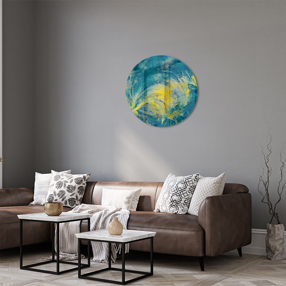 Farbenfrohes Glasbild mit abstraktem blau-gelbem Muster