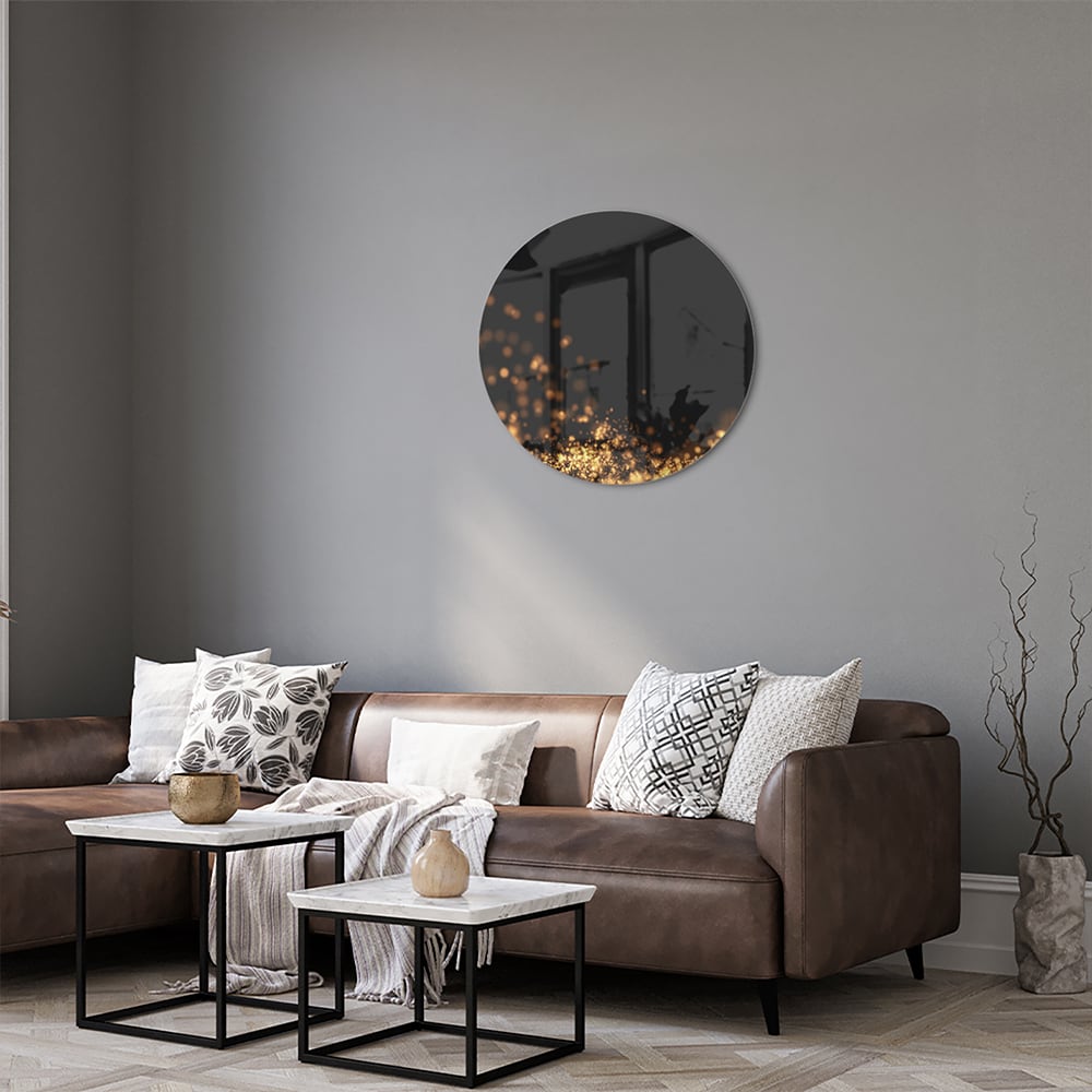 Glasbild mit goldenen Lichtpunkten auf schwarzem Hintergrund
